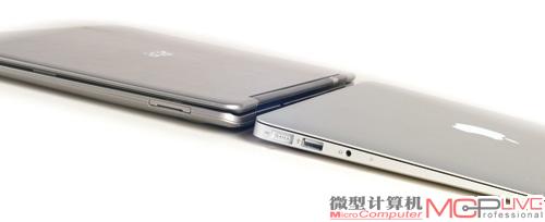 就视觉效果而言，特别是从侧面看，MacBook Air（右）看上去要更轻薄一些。