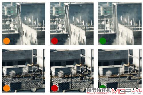 图15：子像素特征的渲染，左侧为SRAA，中间为SMAA 1x，右侧为SMAA 4x。