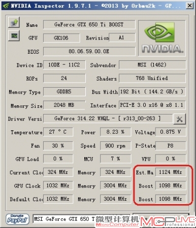 图10：NVIDIA Inspector中测得的Boost频率与GPU-Z一致，均为目标参考值，而Est.Ma栏中的数值才是实际的高Boost频率。