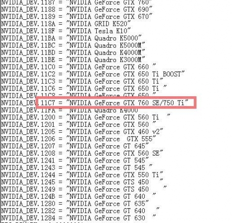 手动修改驱动程序安装“GeForceGTX 760 SE/750 Ti”，双引号中间的字符就是自行填写的显卡型号。