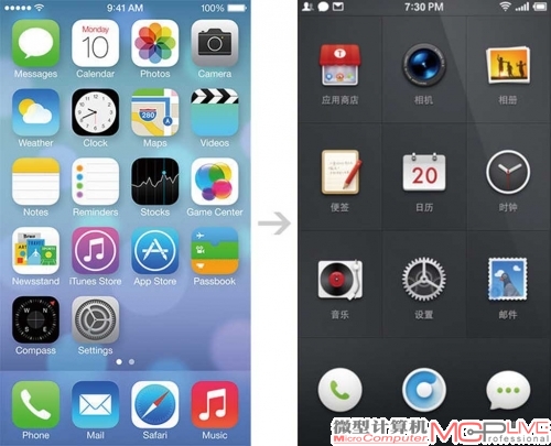 iPhone一屏可以放24个图标，T1的默认初始界面只放12个，用户也可以选择从9宫格（不含下面3个常用的）改为16宫格。